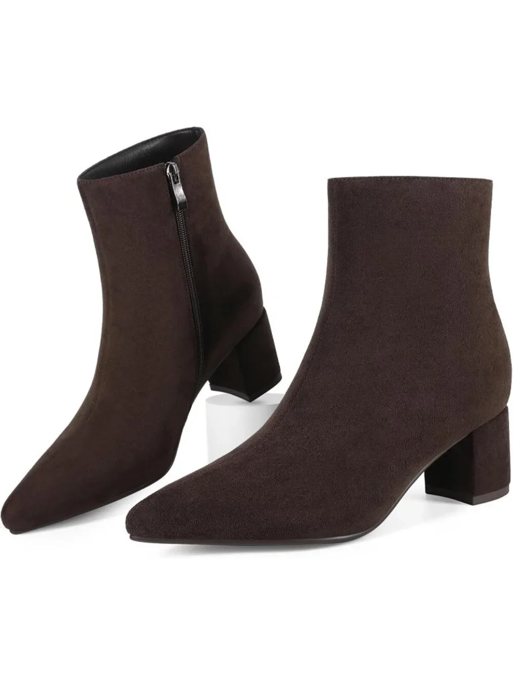 Women's Brown Suede Pointed Toe Comfortable Chunky Heel Side Zipper Ankle Boots